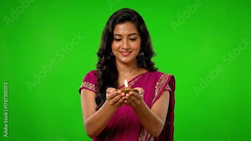 Young Woman in Saree Holding Oil Lamp on Green Screen Background Celebrating Diwali Festival Of Lights with a Smile and Traditional Outfit in Studio Setting for Festive Advertisements and Campaigns