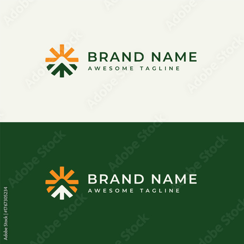 Vector Logo Mountain Sunrise Logo Design in Green and Orange