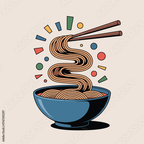 Colorful illustration of noodles being lifted with chopsticks from a blue bowl Keywords: noodles