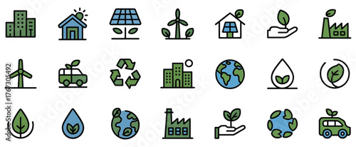 Collection of colorful eco friendly icons representing green energy and sustainability