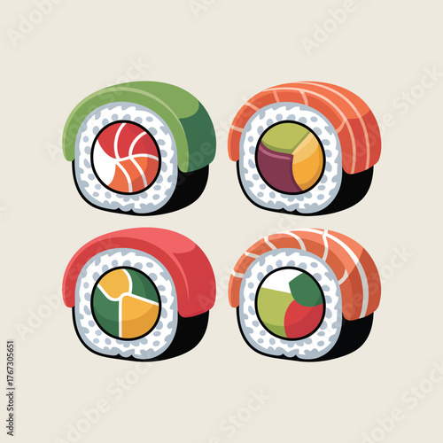 Four Colorful Sushi Rolls with Various Fillings salmon avocado