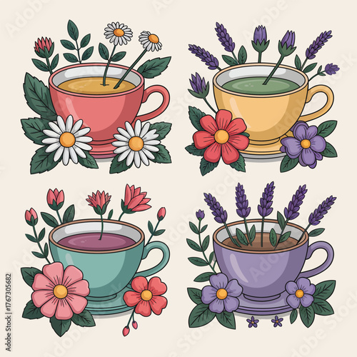 Four Herbal Tea Cups with Flowers and Lavender Sprigs saucer