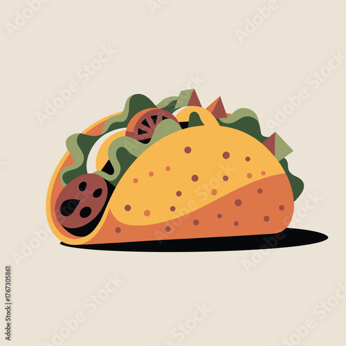 Graphic taco illustration with geometric shapes for toppings and a shadow Keywords: taco