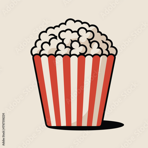 Red and white striped popcorn bucket filled with popcorn Keywords: popcorn, snack, movie, cinema