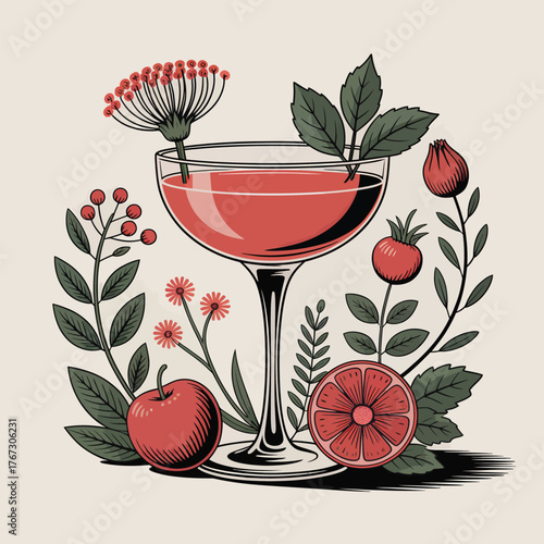 Red cocktail in glass with fruit and floral elements drink citrus