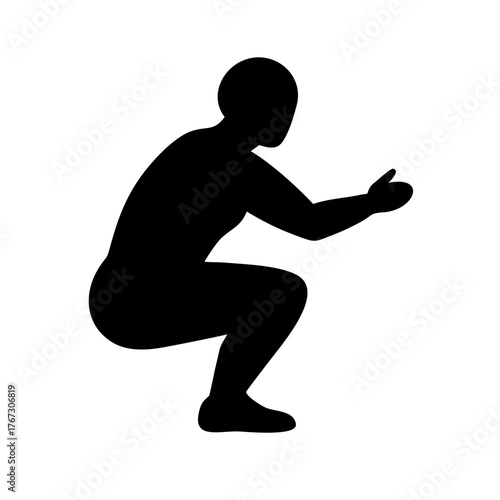Silhouette of a person in a deep squat position, , representing exercise, fitness, and athletic training