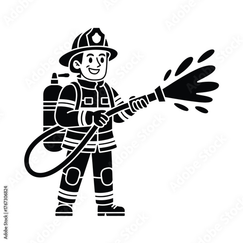 Cheerful firefighter vector illustration with water spray scalable graphic eps icon for professional design use silhouette