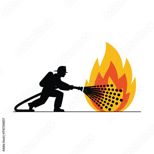 Flat style silhouette vector illustration of firefighter extinguishing flames with water spray eps silhouette