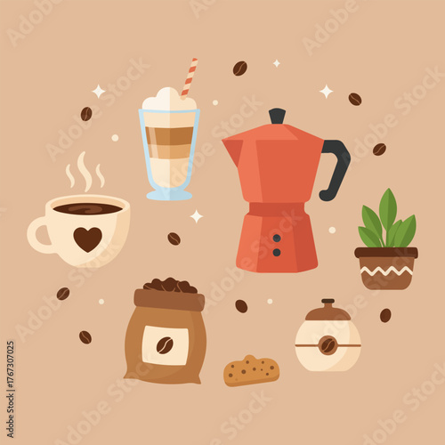 Coffee Elements and Delicious Drink : Coffee Making Equipment, Warm Cup, Beans, Latte, and Complementary Decorations in a Modern Cartoon Style for Cafe Designs or Beverage Content.