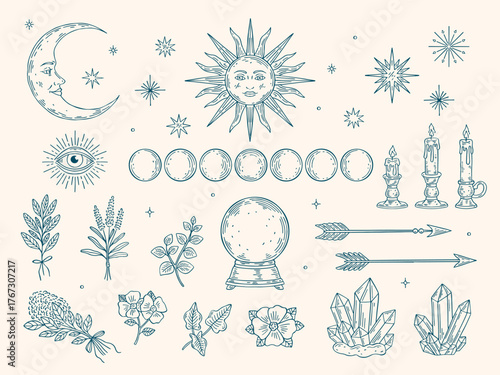 Vintage mystical set with moon, sun, stars, moon phases, candles, crystal ball, herbs, plants, eye, arrows and crystals in magical hand-drawn vector outline style