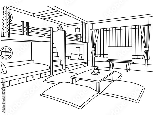Hand draw line minimalistic hostel room with a bunk bed,Line art interior scene isolated on white background. Japanese room style hotel interior vector illustration.
