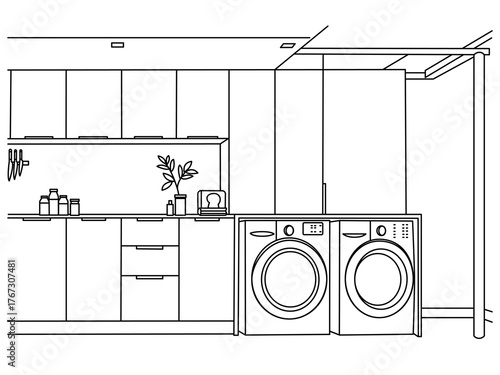 Hand-drawn line of kitchen interior in line art style. Kitchen furniture, utensils on shelves,  washing machine. Flat style vector illustration