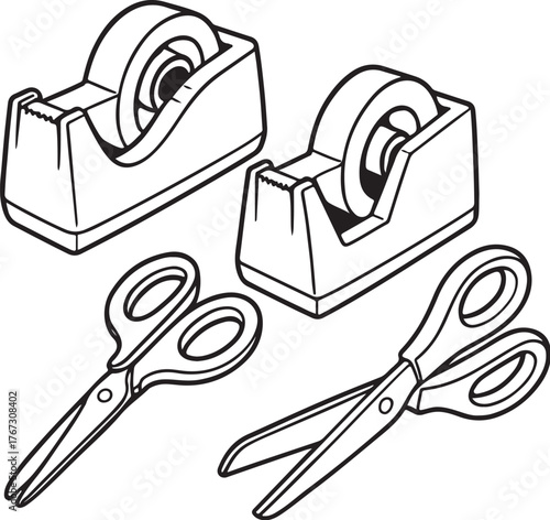 Set of Three Tape Dispensers with Partially Unrolled Rolls Vector Illustration.eps