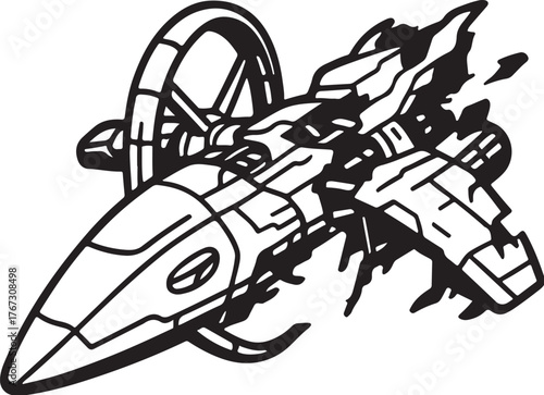 Broken Derelict Spaceship with Exposed Structure Vector Illustration.eps