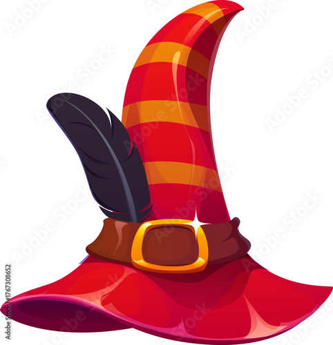 Cartoon Halloween witch and sorcerer vector hat with wide brown belt and golden buckle or soft floppy brim and tilted top. Wizard hat decorated with black feather for Halloween holiday witch hat
