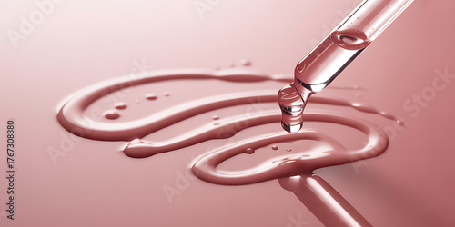 Closeup of a dropper dispensing serum onto a pink surface