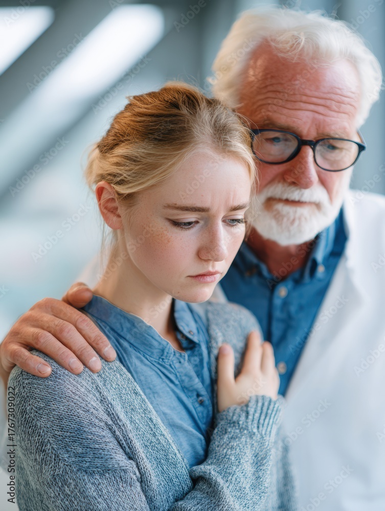 Obraz premium Emotional Support Between a Senior Man and a Young Woman in a Modern Setting