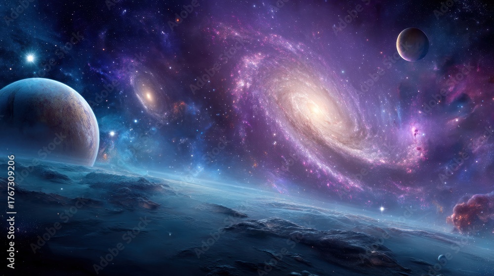 Fototapeta premium Cosmic landscape with planets and galaxies
