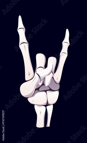 Halloween skeleton vector hand shows finger bones stretched outward in gesture resembling a heavy metal sign. Phalanges makes the iconic devil horns symbol, Halloween skeleton gesture