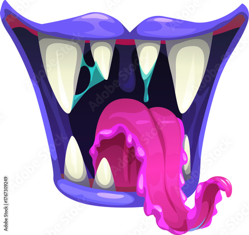 Cartoon monster mouth with purple curved lips, sharp white vampire teeth, and long pink dripping tongue. Vector Halloween jaw with predator teeth, blue dripping saliva, and scary smile