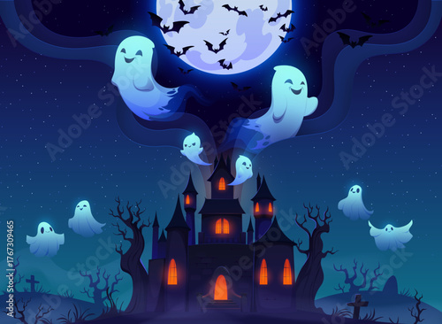 Cartoon happy Halloween paper cut vector banner with flying ghost spirits at abandoned dark castle. Creepy haunted house with flying ghosts and flocks of bats. Vector horror night spooky scene