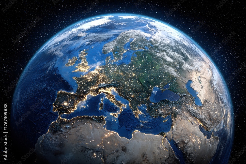 Obraz premium Visual representation of Earth showing Europe illuminated at night with stars in the background highlighting city lights and natural features