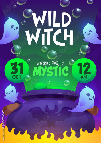 Festive Halloween spooky witch party poster flyer with large purple cauldron with green bubbling potion and flying ghost spirits around. Halloween witch party vector poster with funny boo ghosts