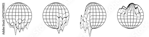 Melted Globe grid spheres. Striped 3D spheres, geometry globe grid, earth latitude and longitude line grid