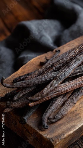 Close-up of dried vanilla beans on a rustic wooden surface, natural textures, rich brown tones, warm ambient light, organic food style