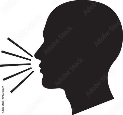 Silhouette of a person speaking with sound waves emanating from mouth.