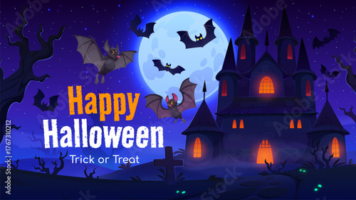 Happy Halloween poster of dark spooky landscape with gothic haunted castle under glowing full moon. Vector black bats with fly across night sky, bare twisted trees and gravestones for Halloween poster