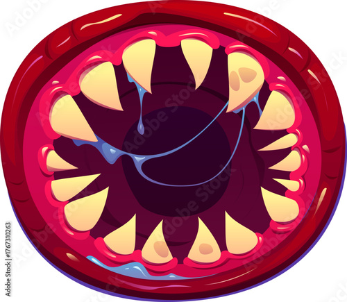 Cartoon Halloween monster jaw with open screaming mouth, dripping blue saliva, and sharp yellow fangs. Vector circular evil grin with glossy red gums and sticky drool threads. Scary Halloween mask