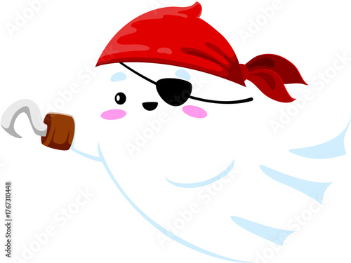 Funny kawaii pirate ghost with red bandana, eye patch, and hook hand. Cute spooky ghost character in pirate costume. Vector flying personage for Halloween holiday party