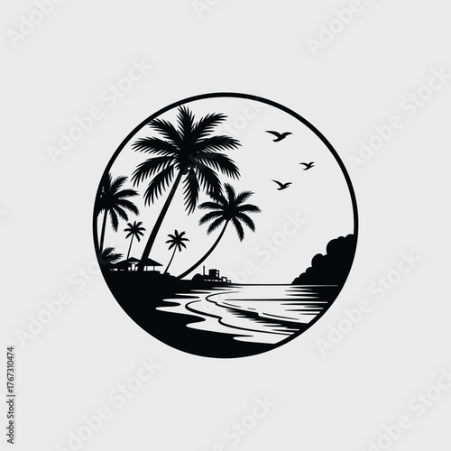 Circular silhouette of a tropical beach with palm trees and ocean waves