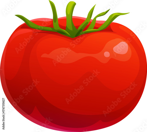 Cartoon tomato vegetable, autumn harvest. Farm garden vector veggie for salad and ketchup production. Red ripe tomato vegetable in fall agriculture harvest