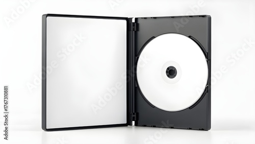 An open black DVD case with a blank disc against a white backdrop.