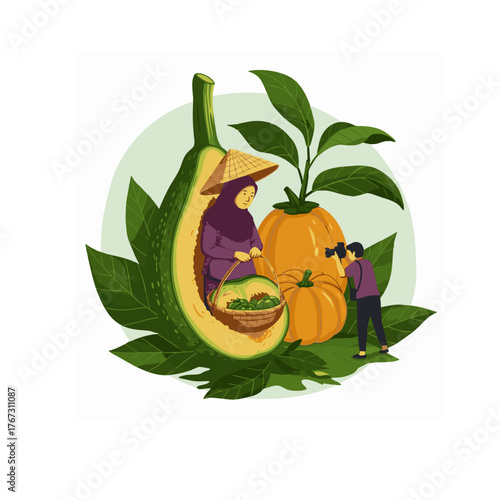 Harvesting and photographing fresh produce like pumpkins and avocados, symbolizing healthy eating and agriculture