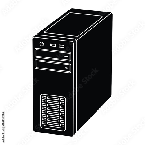 Black computer tower with front panel inputs and ventilation