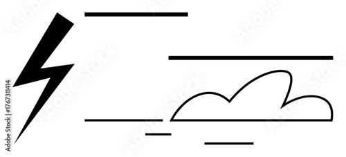 Stylized lightning bolt and cloud with abstract lines showing energy, weather, power, and speed. Ideal for technology, nature, electricity, innovation minimalism weather forecasting. Simple flat