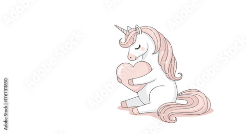 A cute unicorn with pink hair and a heart sits peacefully, a charming illustration for Valentine's Day and magical celebrations.