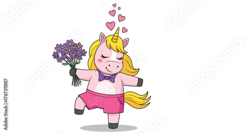 A cute pink cartoon unicorn holding a bouquet of purple flowers with a bow tie and pink shorts.