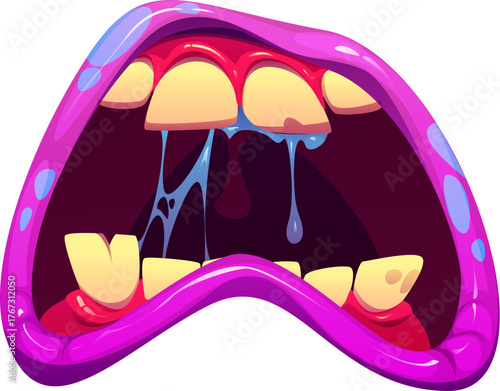 Cartoon Halloween monster jaw with wide open screaming mouth and crooked fangs. Pink glossy lips and slimy drool dripping from sharp teeth. Vector decorations for Halloween holiday party