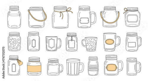 A charming assortment of hand-sketched glass jars and mugs, featuring different styles and rustic accents.