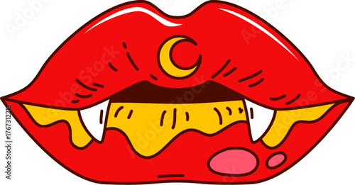 Groovy Halloween red vampire lips with sharp fangs and yellow moon. Vector funky cartoon mouth for scary and cute character for retro Halloween party. Woman red lips with evil fangs and scary smile
