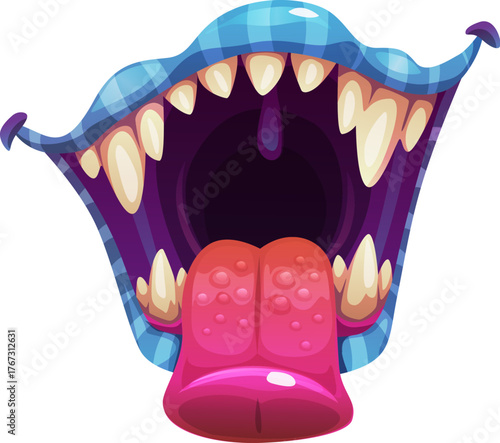 Cartoon monster mouth with sharp fangs and pink tongue. Vector purple and blue blistered lips on scary grin. Spooky face expression showing anger for Halloween holiday