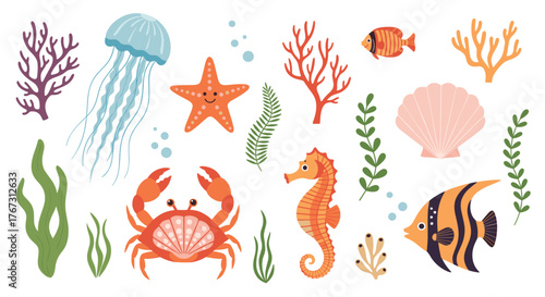 A collection of colorful cartoon underwater sea creatures and plants on a white background.
