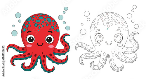 A cute red cartoon octopus with blue spots floats happily alongside its black and white coloring book outline, surrounded by bubbles.