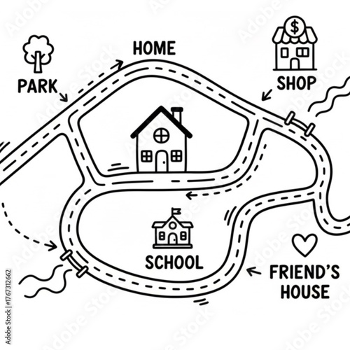 Create a simple map. Set of flat cartoon elements to build activities around your home area. Vector clip art featuring houses, parks, stores, friends' houses, and schools.Play mat for kids. 