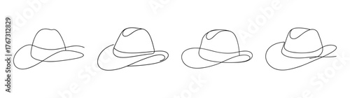 Four sketchy fedora hats in different poses line art