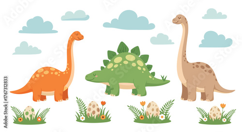 Sweet cartoon dinosaurs, including a long-necked sauropod and a Stegosaurus, happily stand with clouds and dinosaur eggs.
